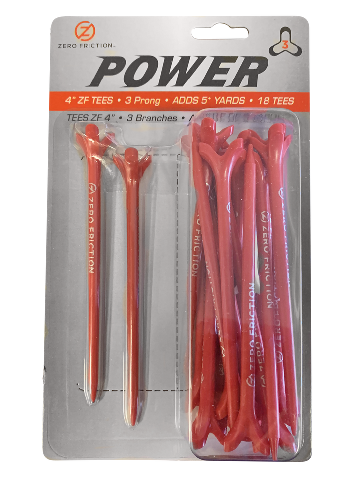 Zero Friction Power3 4-inch red 3-prong golf tees in retail packaging for improved distance and accuracy