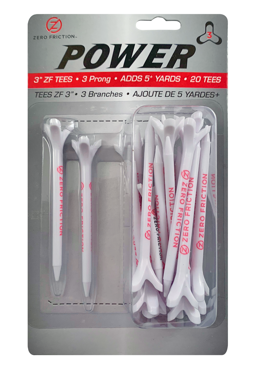 Zero Friction Power3 3-inch white golf tees in retail packaging with 3-prong design for distance and accuracy