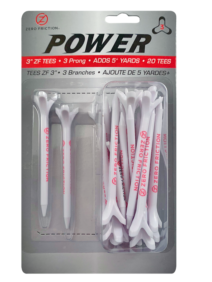 Zero Friction Power3 3-inch white golf tees in retail packaging with 3-prong design for distance and accuracy