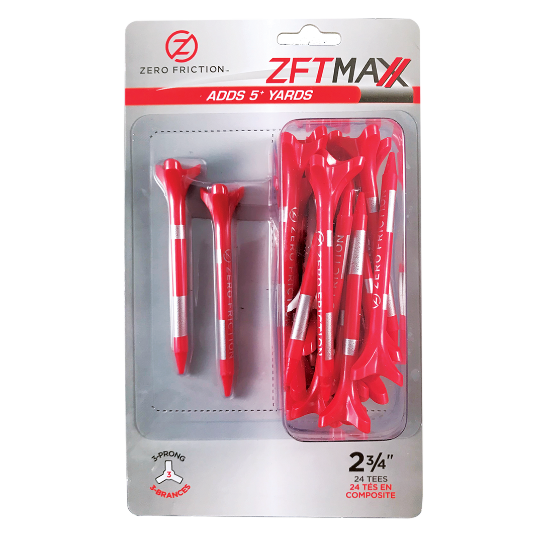 Zero Friction ZFT Maxx 3-prong golf tees in bright red with height system striping in a 24-pack retail blister package.