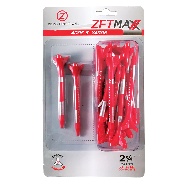 Zero Friction ZFT Maxx 3-prong golf tees in bright red with height system striping in a 24-pack retail blister package.