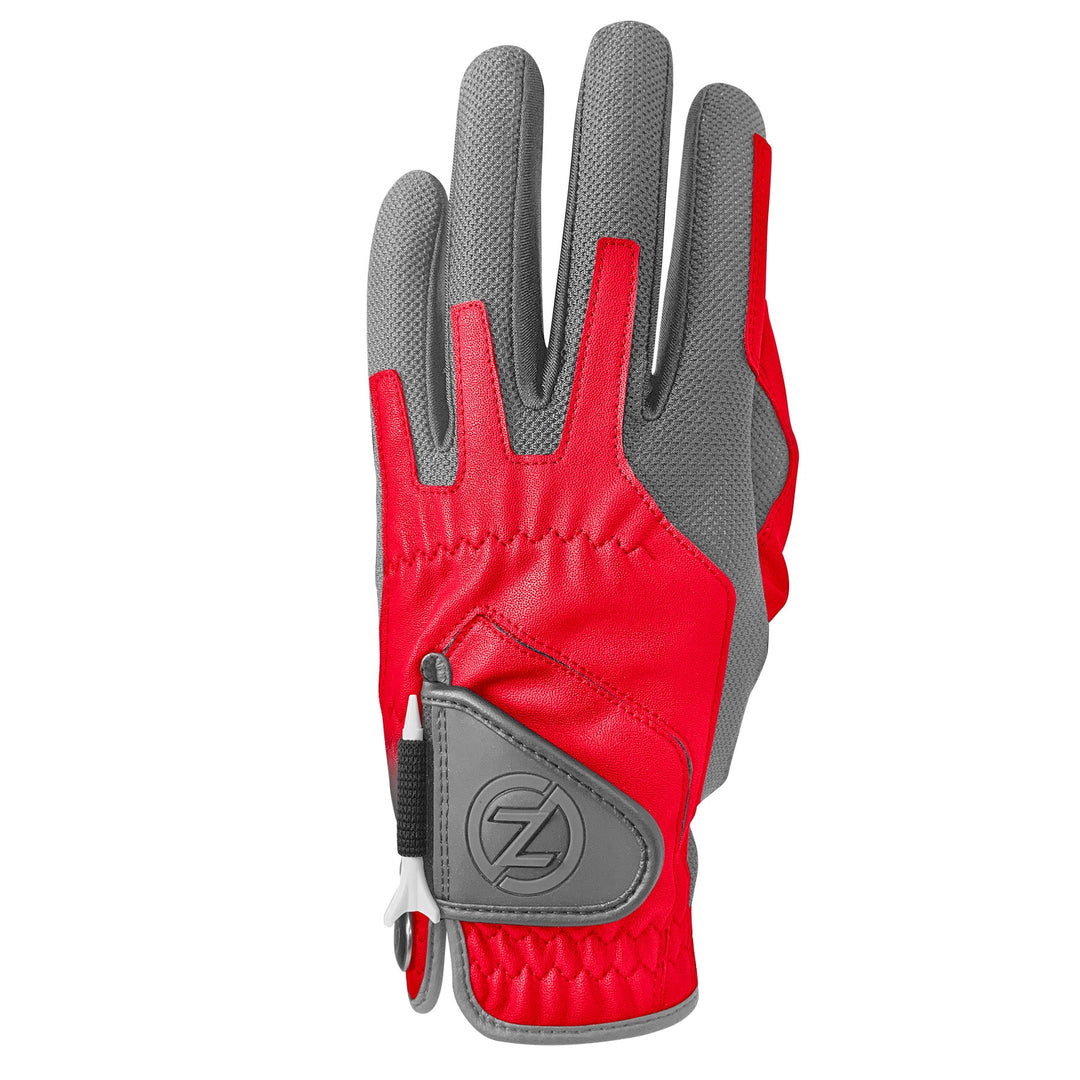 Zero Friction performance golf glove in red and grey with synthetic leather, mesh panels, and integrated tee holder.