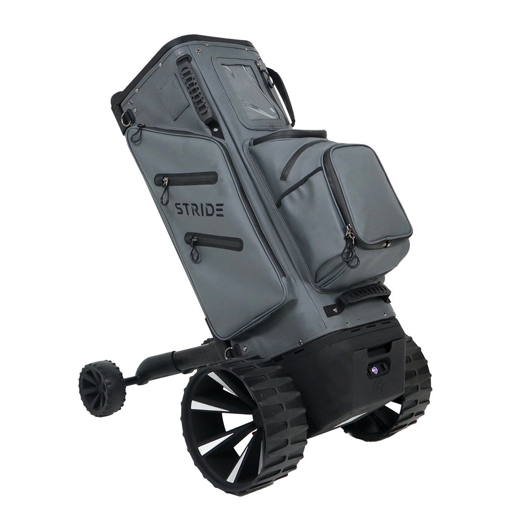 Zero Friction STRIDE grey remote-controlled golf bag and trolley with all-terrain wheels and storage pockets