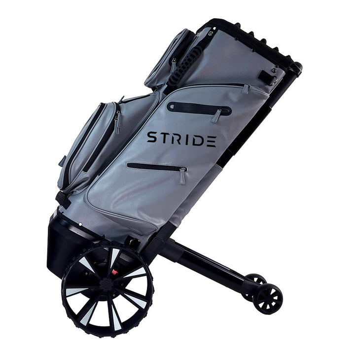 Zero Friction STRIDE remote follow-me golf bag in grey with black frame and wheels, side view