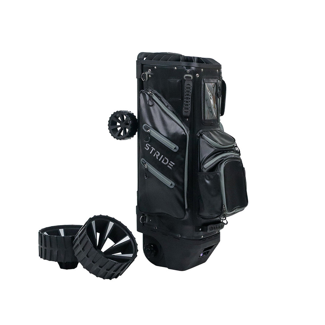 Zero Friction STRIDE black remote and follow-me golf bag with detachable all-terrain wheels and storage pockets