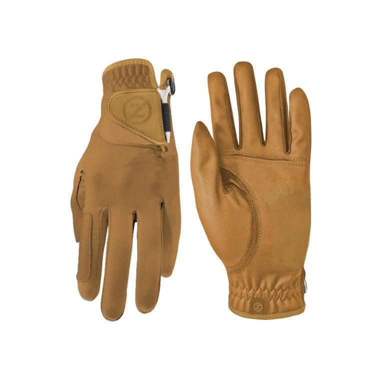 Zero Friction Victory Tour golf gloves in tan lambskin with adjustable closure and integrated tee holder