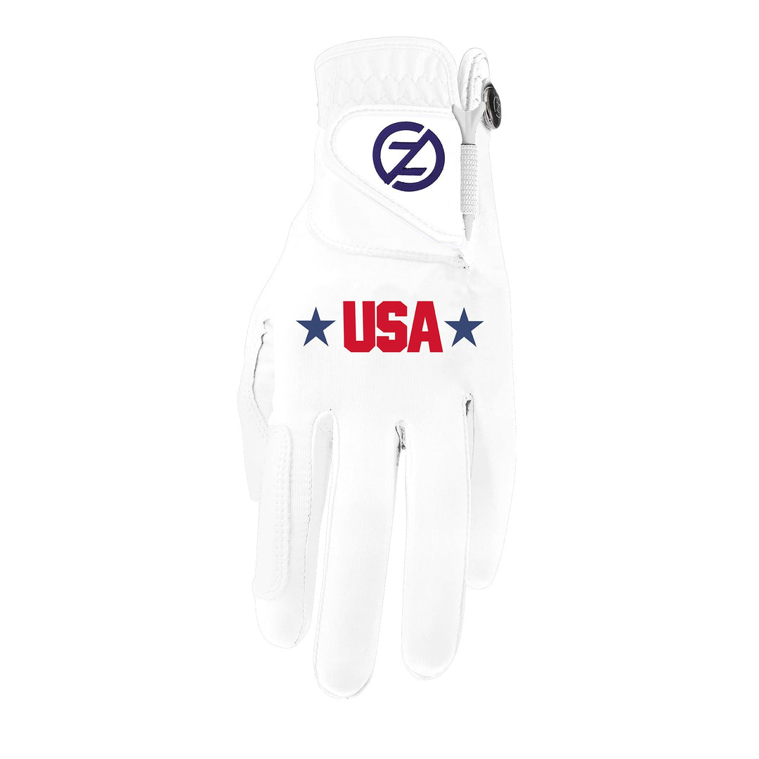 Zero Friction men's USA performance golf glove in white with red and blue lettering and a cabretta leather palm patch.