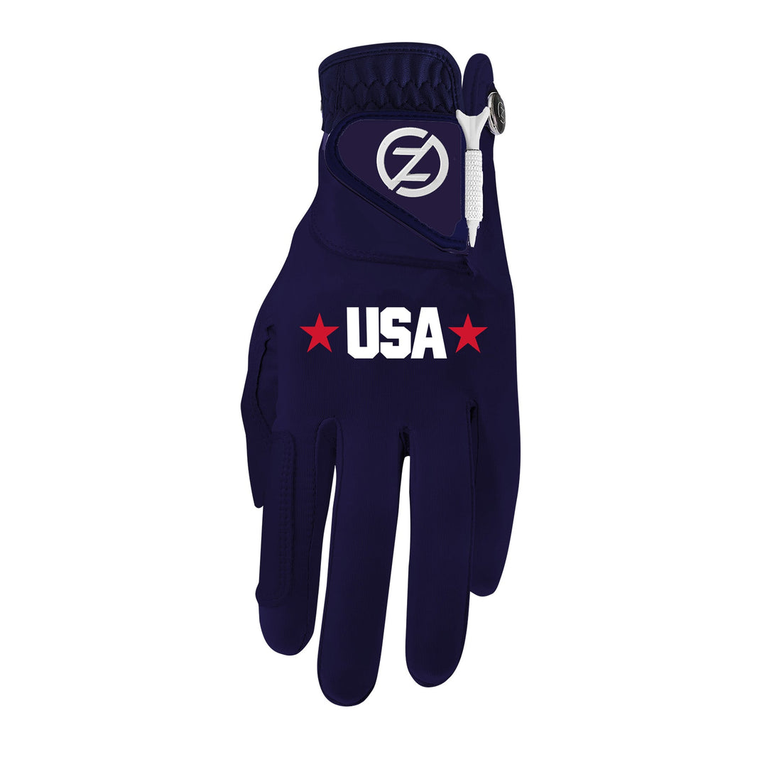 Zero Friction men's USA performance golf glove in navy blue with red and white stars and lettering, left-hand fit.