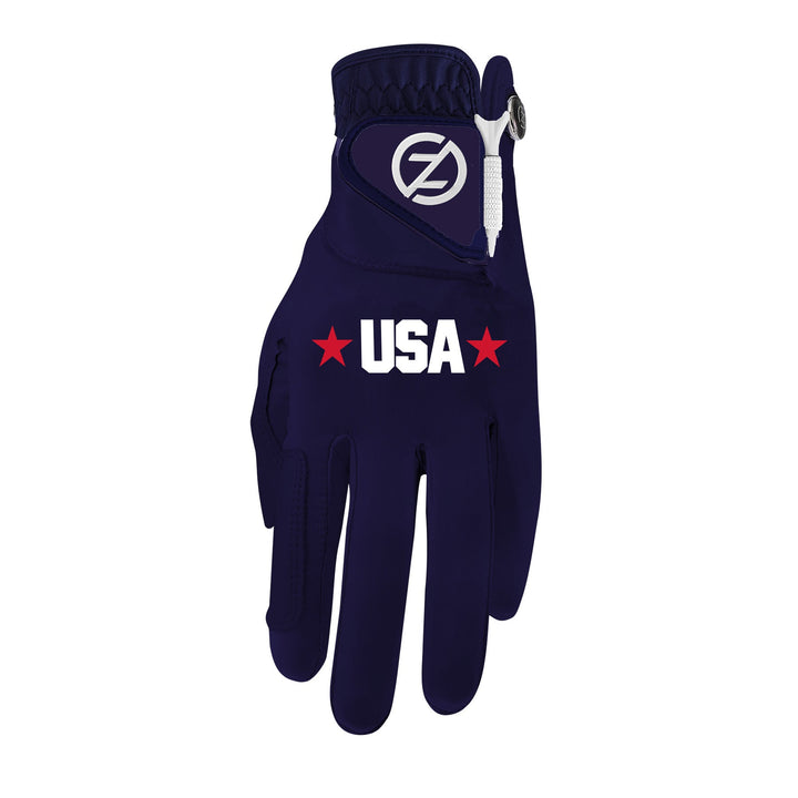Zero Friction men's USA performance golf glove in navy blue with red and white stars and lettering, left-hand fit.