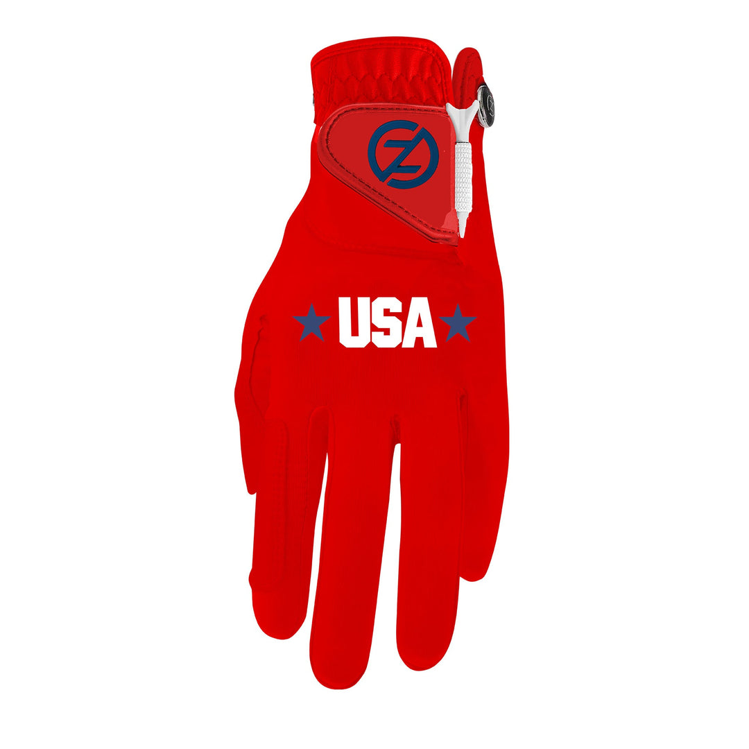 Zero Friction men's red performance golf glove with USA text, white tee, and cabretta leather palm patch.