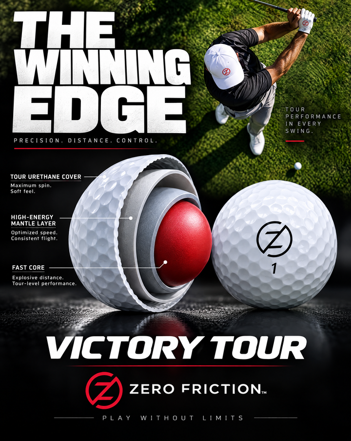 Zero Friction Victory Tour golf ball showing 3-piece construction with urethane cover and red core on a golf course