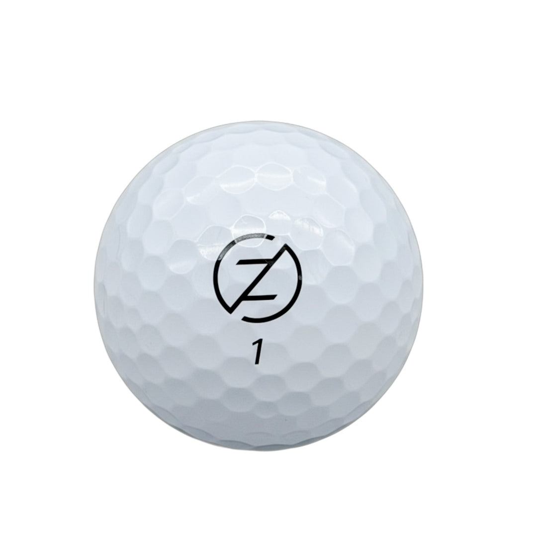 Zero Friction Victory Tour white 3-piece golf ball with dimpled surface and black logo