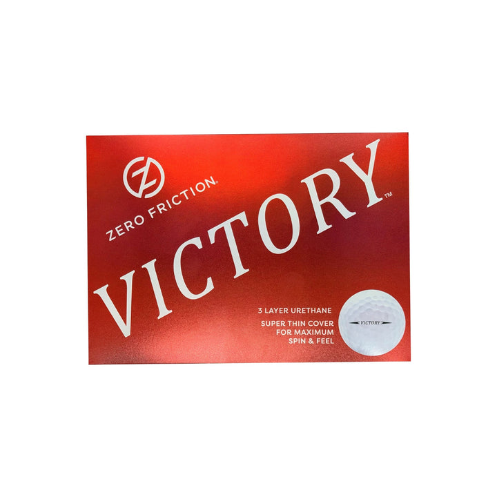 Zero Friction Victory Tour 3-piece urethane golf ball box in red with white branding and product details
