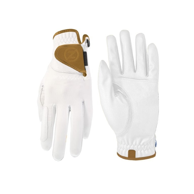 Zero Friction Victory Tour golf glove in white with tan leather accents and adjustable closure for superior grip