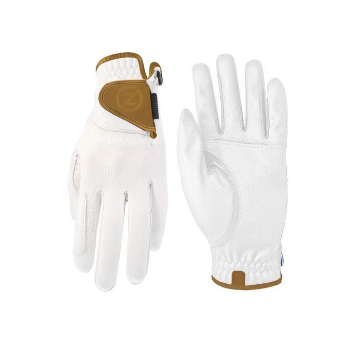 Zero Friction Victory Tour golf glove in white with tan leather accents and adjustable closure for superior grip