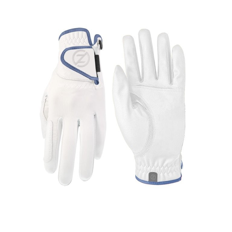 Zero Friction white lambskin golf glove with blue trim and adjustable closure for superior grip and performance