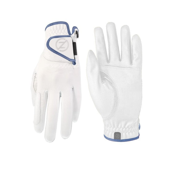 Zero Friction white lambskin golf glove with blue trim and adjustable closure for superior grip and performance