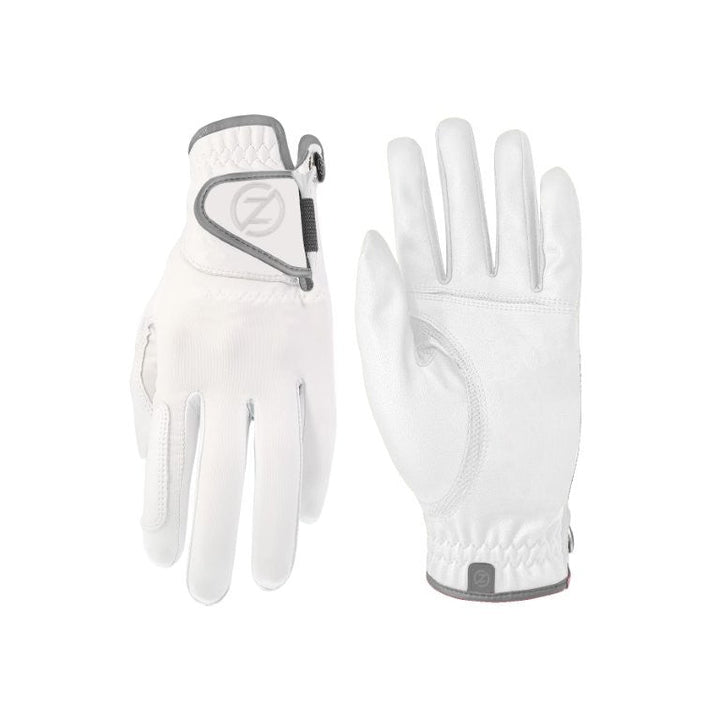 Zero Friction white performance golf gloves with adjustable closure and breathable lambskin material