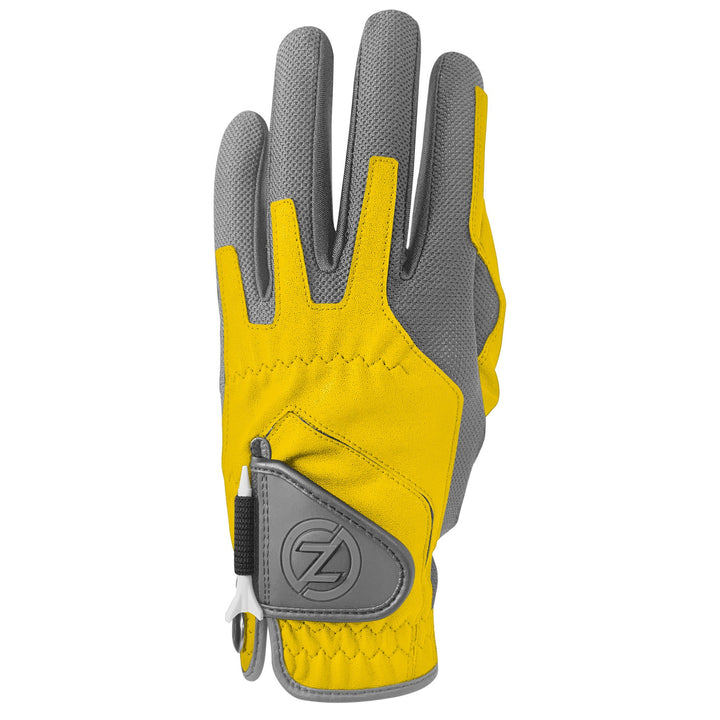 Zero Friction performance golf glove in yellow and grey with breathable mesh, synthetic leather, and integrated tee