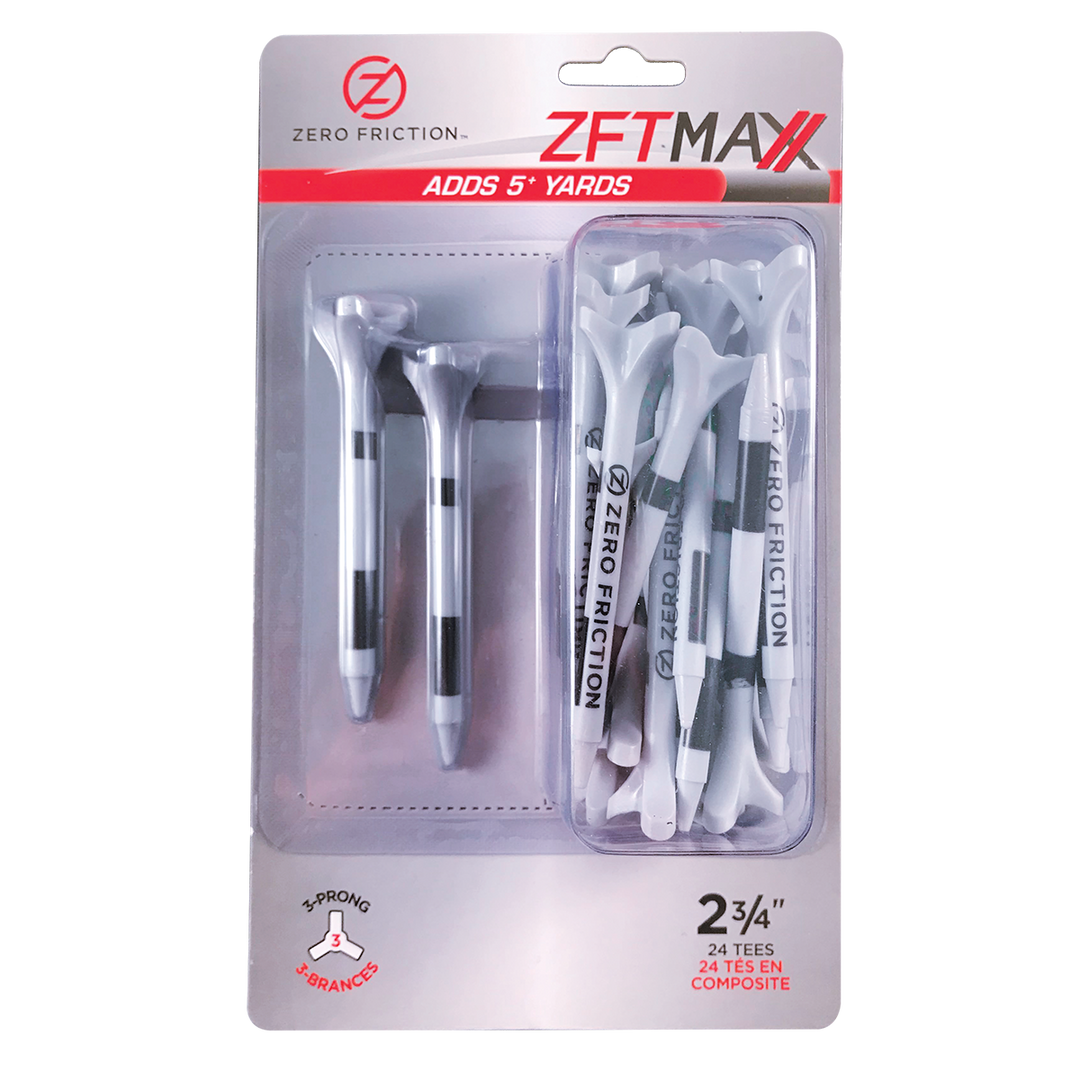 Zero Friction ZFT Maxx 3-prong golf tees in white with black height striping in retail packaging