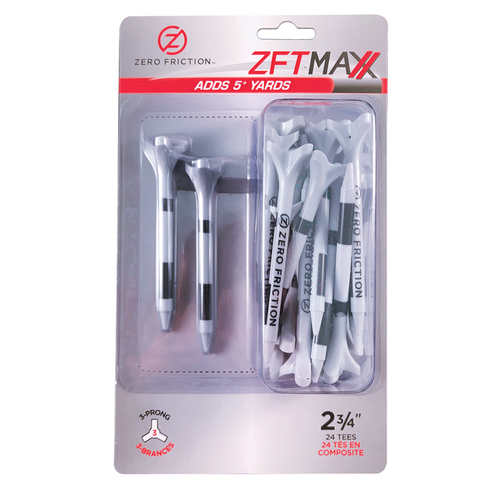 Zero Friction ZFT Maxx 3-prong golf tees in white with black height striping in retail packaging